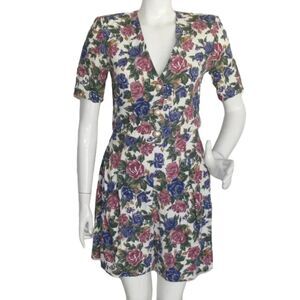 Vintage Short Suit, XS, White, Floral, 2 piece Top/Shacket & Shorts, High Waist